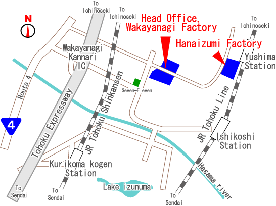 Map of?Head Office,Wakayanagi and Hanaizumi Factory
